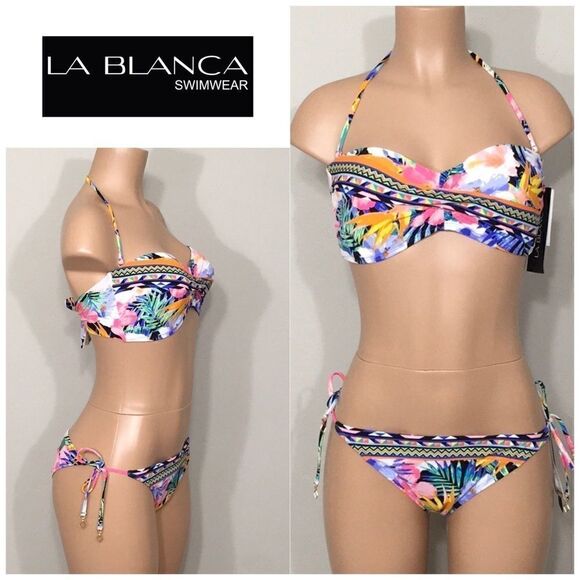 New. La Blanca mixed tropical bandeau bikini. 14-top/10-bottom